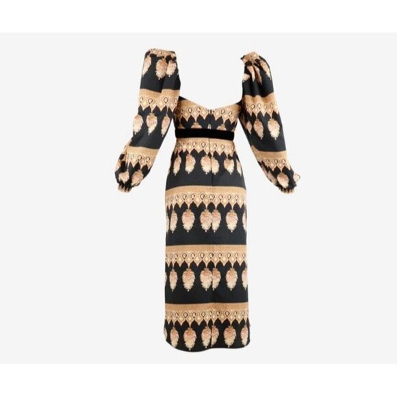 JOHANNA ORTIZ Black Symbolic Emblems Velvet Trimmed Printed Cotton Midi Dress 4 - Picture 6 of 16